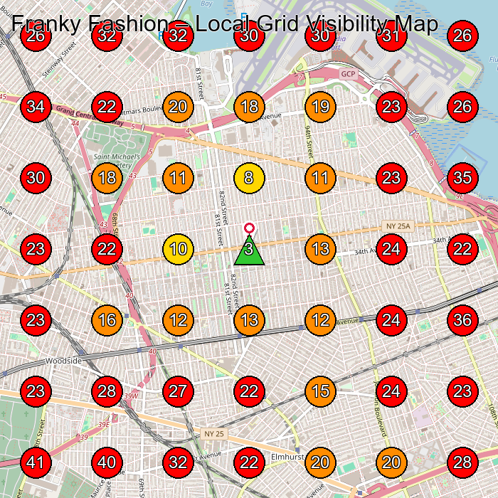 Franky Fashion GeoGrid visibility map for Clothing Store in Corona